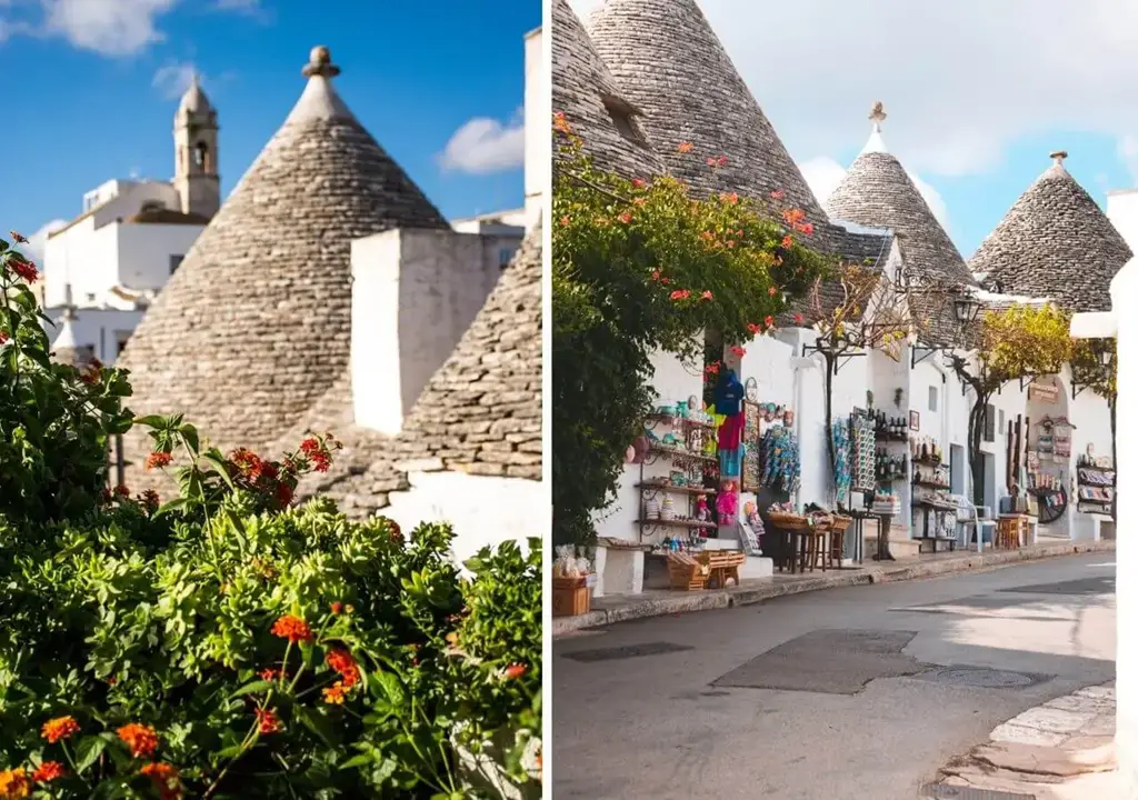 Detalhes dos icônicos trulli de Alberobello, na Itália: à esquerda, as construções de pedra com vegetação florida em primeiro plano; à direita, uma rua charmosa repleta de lojas de artesanato local e souvenirs sob os telhados cônicos típicos da região.