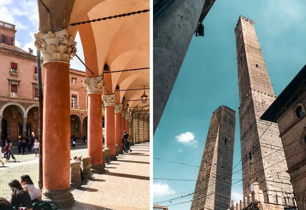 À esquerda, os famosos pórticos de Bolonha com colunas vermelhas e detalhes ornamentados, cenário de convivência e passeio. À direita, vista de baixo para as torres medievais Asinelli e Garisenda contra o céu azul.