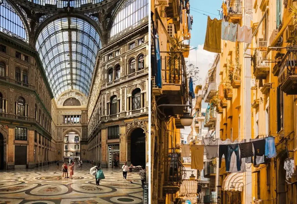 Duas faces de Nápoles, Itália: à esquerda, a elegante Galeria Umberto I com sua arquitetura imponente e teto de vidro; à direita, uma típica rua napolitana com roupas penduradas entre prédios coloridos e varandas floridas.