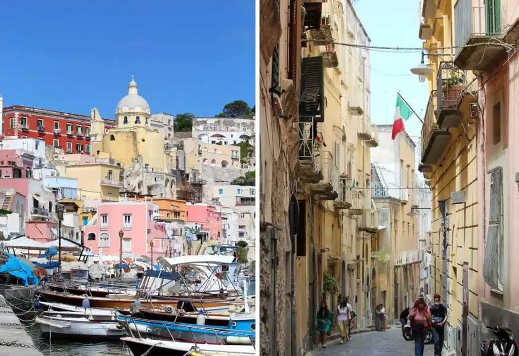 Duas cenas encantadoras de Procida, na Campânia: à esquerda, vista da Marina Corricella com casas em tons pastel e barcos atracados no porto; à direita, uma rua estreita típica da ilha, com prédios históricos, varandas com roupas penduradas e a bandeira da Itália ao fundo.