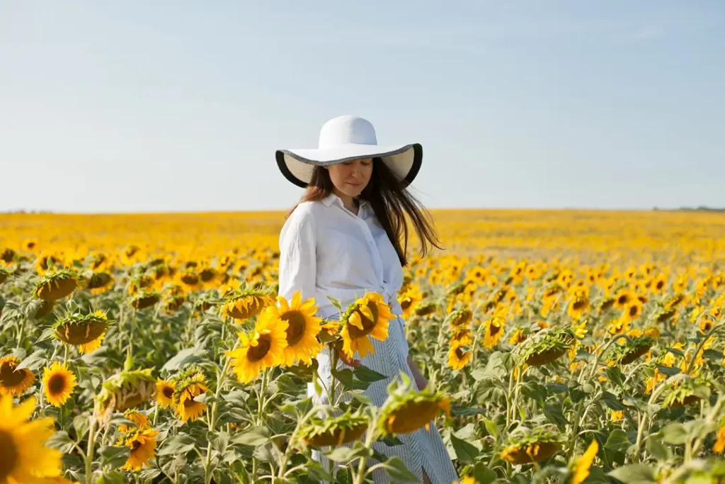 Mulher de chapéu branco em campo de girassóis sob céu azul claro na Toscana, durante a primavera 