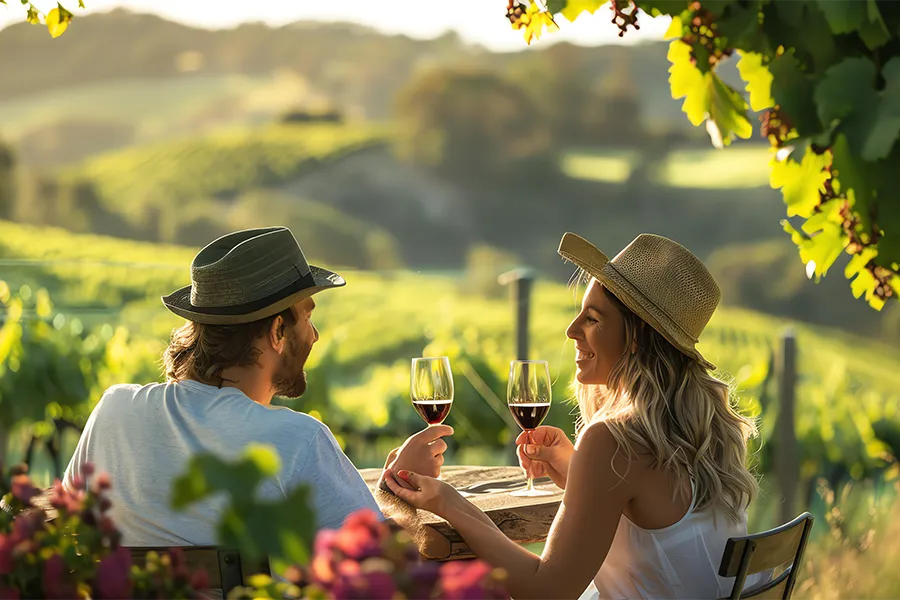 Casal brindando com taças de vinho tinto em vinhedo italiano ao pôr do sol, cercado por parreiras e colinas verdejantes.