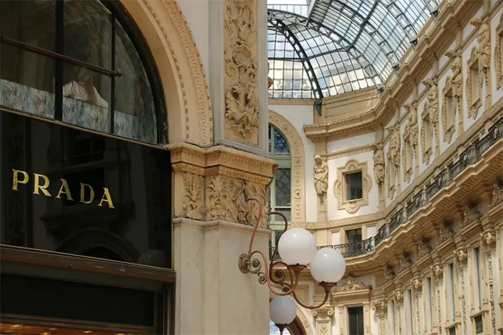 Detail of Prada store facade at Galleria Vittorio Emanuele II, a timeless symbol of architecture and Italian fashion.
